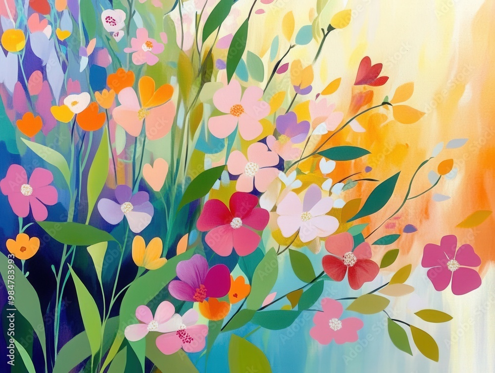 Vibrant abstract garden bursting with colorful flowers in a sunny landscape Vibrant abstract garden bursting with colorful flowers in a sunny landscape