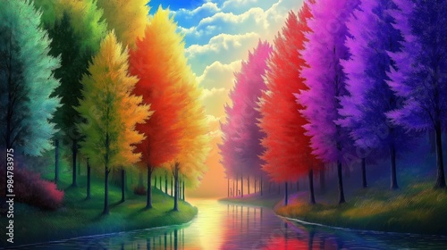 Colorful trees along the river, in the forest, colorful background photo