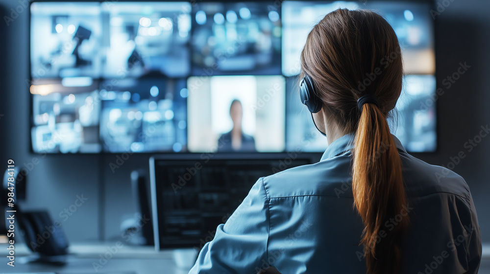 Back view of a security operator wearing a headset, monitoring multiple surveillance screens in a control room. High-tech security environment with live video feeds displayed on large monitors Back view of a security operator wearing a headset, monitoring multiple surveillance screens in a control room. High-tech security environment with live video feeds displayed on large monitors
