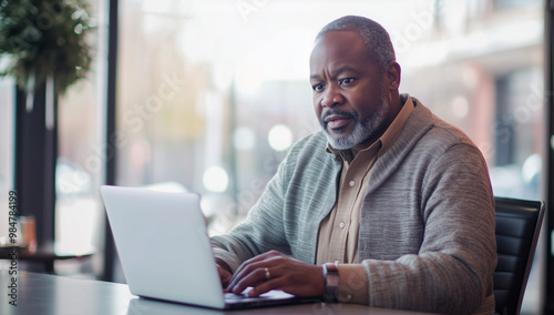 A senior African American man types on a laptop in a modern office with large windows. He is focused on his work, displaying professionalism and dedication