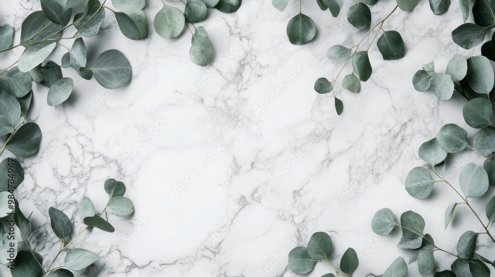 Elegant arrangement of green eucalyptus leaves on a marble surface, creating a serene and calming atmosphere.