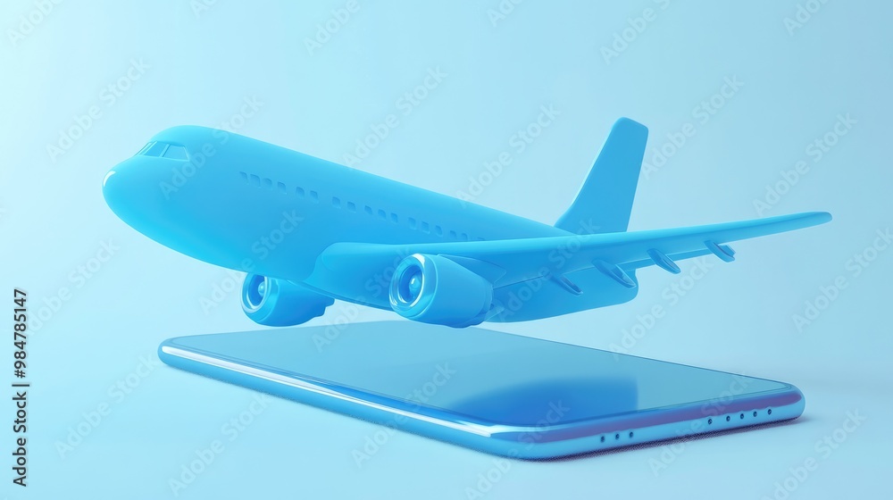 A blue airplane is flying over a blue smartphone on a light blue background, representing online travel booking and airplane tickets. A blue airplane is flying over a blue smartphone on a light blue background, representing online travel booking and airplane tickets.