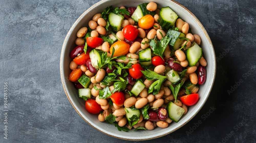 An overhead view of a fresh bean salad with mixed beans, cherry tomatoes, cucumbers, and herbs, presented in a clean, white bowl. An overhead view of a fresh bean salad with mixed beans, cherry tomatoes, cucumbers, and herbs, presented in a clean, white bowl.