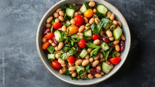 An overhead view of a fresh bean salad with mixed beans, cherry tomatoes, cucumbers, and herbs, presented in a clean, white bowl.