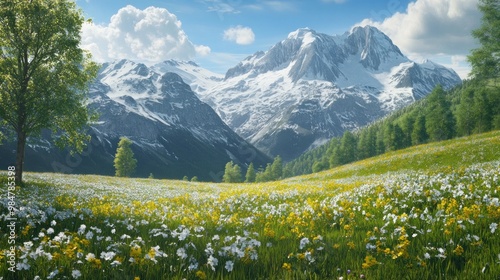 A breathtaking mountain landscape featuring vibrant wildflowers in a lush meadow under a clear blue sky.