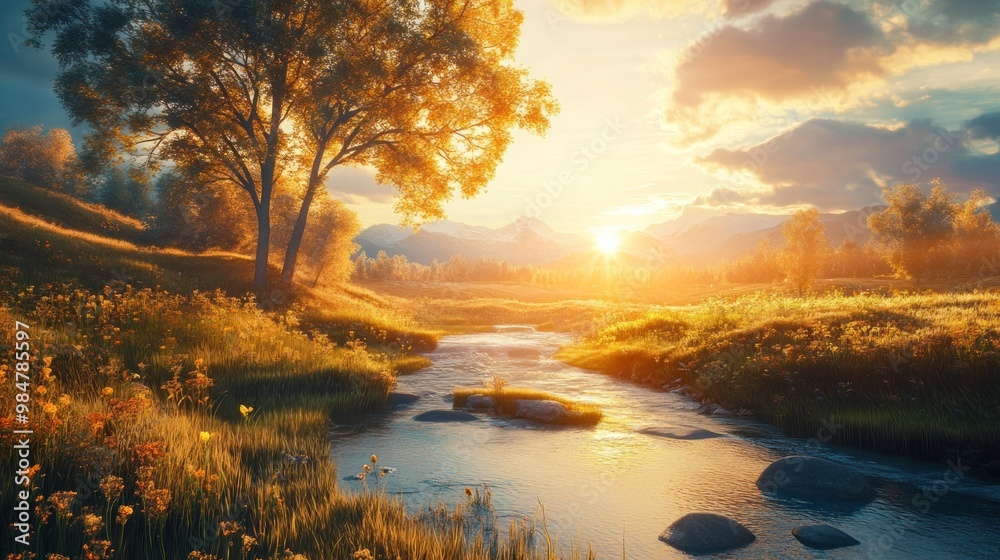 A serene sunset over a vibrant meadow, casting warm golden hues across the landscape. A serene sunset over a vibrant meadow, casting warm golden hues across the landscape.