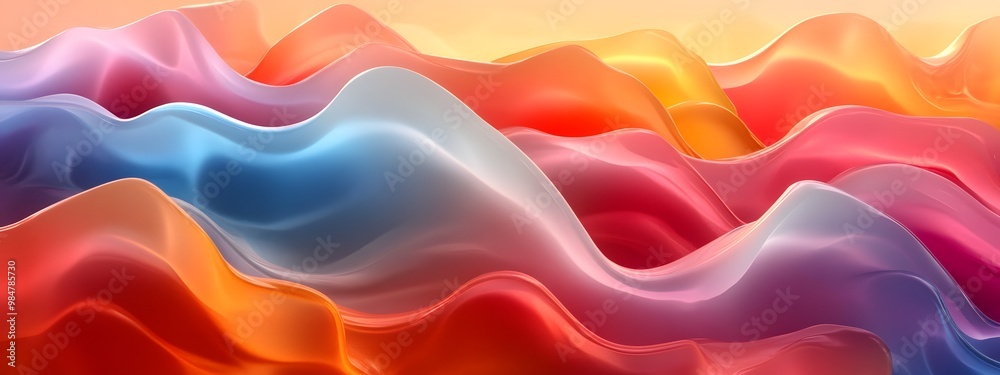 Fototapeta premium A close-up of three colors in the shape of wavy lines, red and blue with orange details, plastic texture, 3D rendering, high resolution, high quality, high detail, high definition