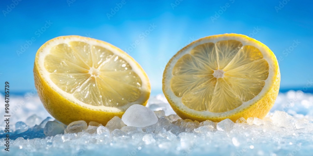 Two Lemon Slices on Crushed Ice with a Blurred Blue Sky Background, Summer, Citrus , lemon, ice, citrus, summer Two Lemon Slices on Crushed Ice with a Blurred Blue Sky Background, Summer, Citrus , lemon, ice, citrus, summer