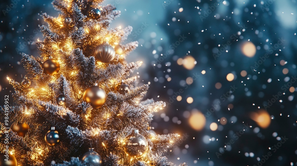 Naklejka premium A Christmas tree decorated with silver and gold ornaments, glowing brightly against a backdrop of falling snow.