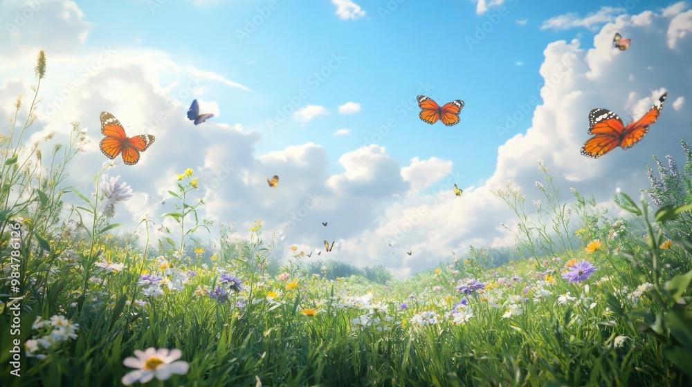 Obraz premium A vibrant meadow filled with colorful flowers and butterflies under a bright blue sky, embodying the essence of spring.