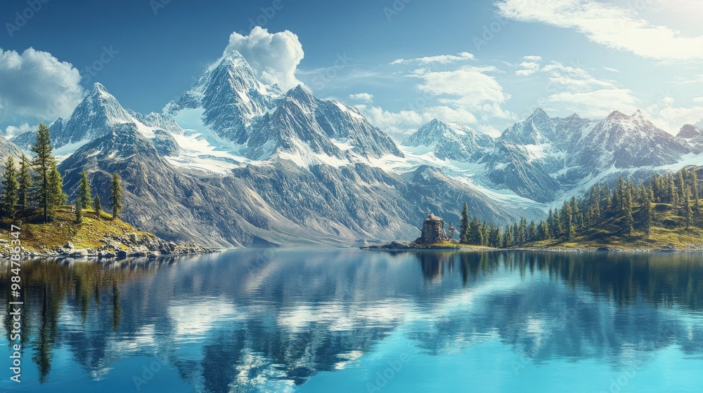 Fototapeta premium Breathtaking alpine landscape featuring majestic mountains reflected in a serene lake.