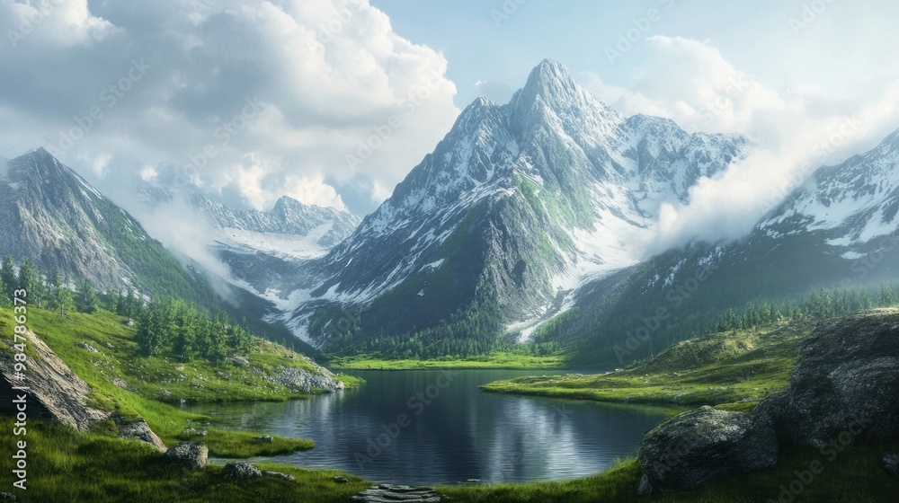 A breathtaking view of majestic mountains reflecting in a serene lake, surrounded by lush greenery and soft, white clouds. A breathtaking view of majestic mountains reflecting in a serene lake, surrounded by lush greenery and soft, white clouds.