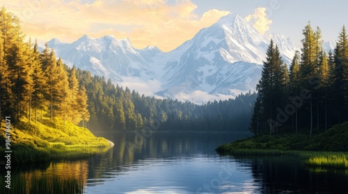 A breathtaking landscape featuring majestic mountains and a tranquil lake surrounded by lush forests at sunrise.