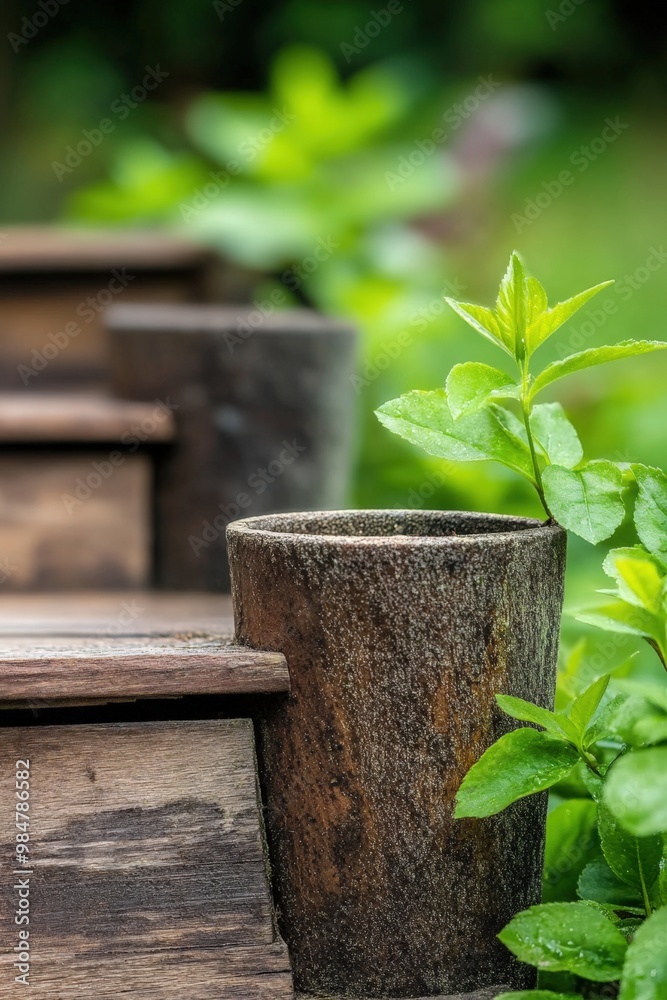 Lush green foliage framing rustic wooden steps in a tranquil garden oasis Lush green foliage framing rustic wooden steps in a tranquil garden oasis