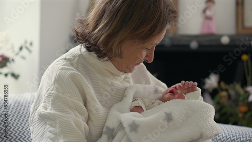 Mother cradling baby in arms while seated on a cozy chair. The intimate moment captures warmth, care, and nurturing love in a serene indoor environment 