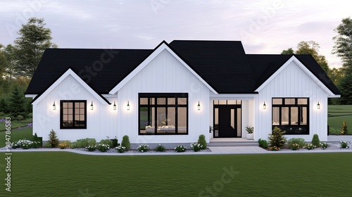 This stunning modern farmhouse showcases a beautiful open-plan layout with a kitchen, dining area, and living room, flooded with natural light at dusk