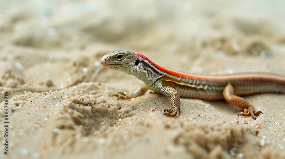 A brightly colored skink darting across a sandy beach, leaving tiny tracks behind in the sand A brightly colored skink darting across a sandy beach, leaving tiny tracks behind in the sand
