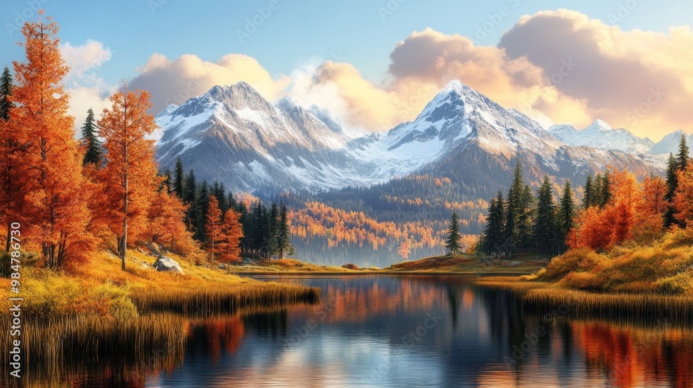 Fototapeta premium A tranquil autumn landscape with vibrant orange trees and snow-capped mountains reflecting in a serene lake.