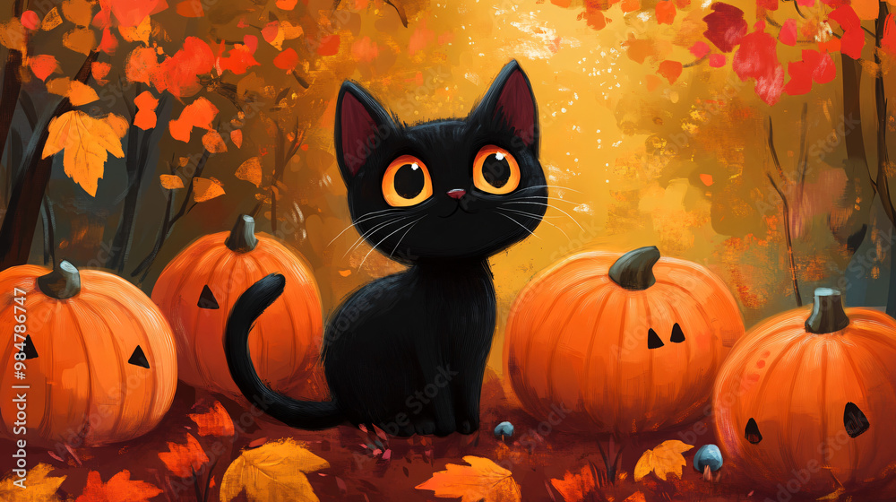 A Halloween greeting card with a cute black cat and playful pumpkins. A Halloween greeting card with a cute black cat and playful pumpkins.