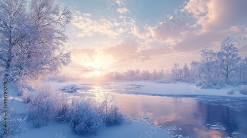 A tranquil winter landscape with icy trees and a serene river at sunrise.