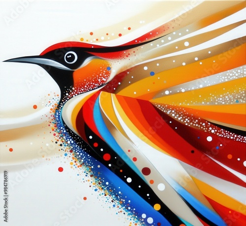 Vibrant abstract artwork of a bird soaring through a colorful sky with flowing lines photo