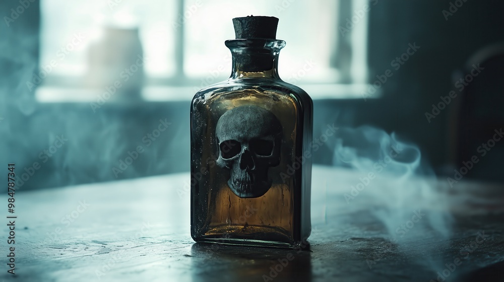 Mysterious Glass Bottle with Skull Design on Wooden Table in Smoky Room - Dark and Eerie Atmosphere Perfect for Halloween or Gothic Themes Mysterious Glass Bottle with Skull Design on Wooden Table in Smoky Room - Dark and Eerie Atmosphere Perfect for Halloween or Gothic Themes