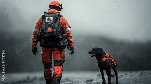 Wallpaper Mural A male rescuer in orange gear walks beside a black Labrador retriever, showcasing teamwork in rugged weather conditions. Torontodigital.ca