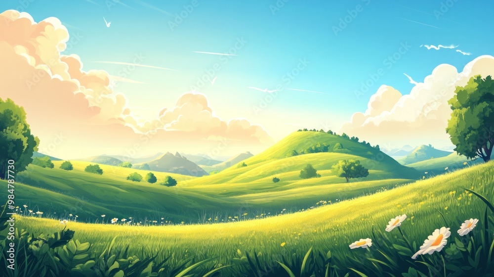 Fototapeta premium A vibrant landscape featuring rolling green hills, blooming wildflowers, and a bright blue sky with fluffy clouds.