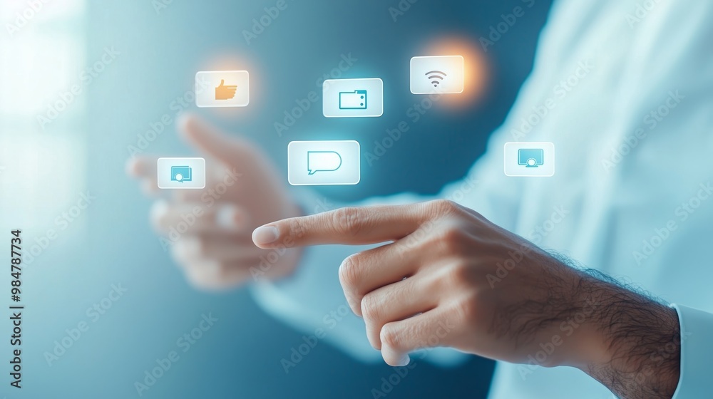 Business professional using flexible communication apps with floating chat icons and collaboration tools, symbolizing adaptable workflows Business professional using flexible communication apps with floating chat icons and collaboration tools, symbolizing adaptable workflows