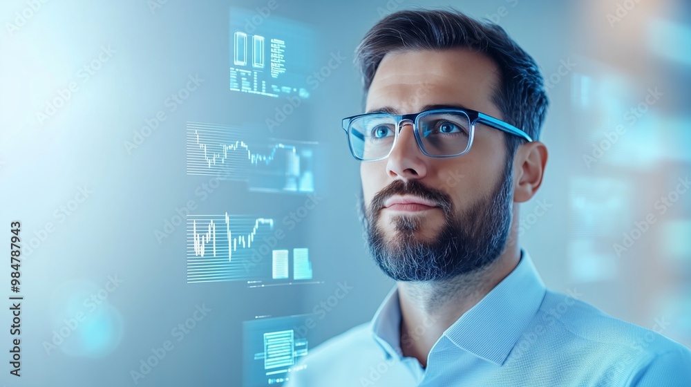 Businessman surrounded by holographic digital tools and growth charts, symbolizing scalable business operations in a digital world Businessman surrounded by holographic digital tools and growth charts, symbolizing scalable business operations in a digital world
