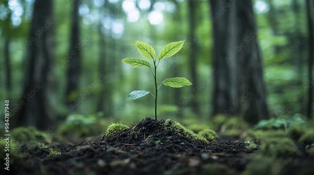 A Single Sapling Emerging from the Forest Floor A Single Sapling Emerging from the Forest Floor