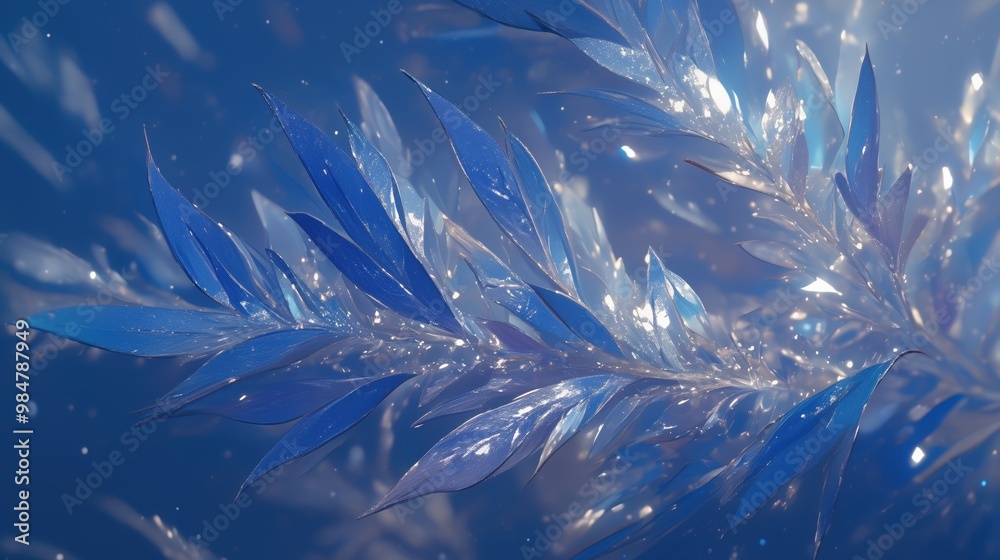 Abstract Close-Up of Shimmering Blue Leaves with Sparkling Light Effects in a Dreamy Atmosphere Abstract Close-Up of Shimmering Blue Leaves with Sparkling Light Effects in a Dreamy Atmosphere