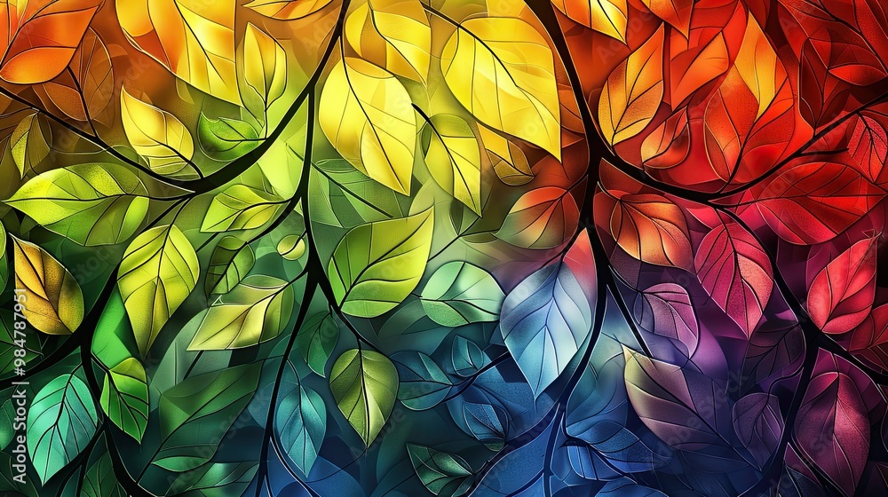 Abstract stained glass artwork featuring overlapping leaf patterns in vibrant hues of red, orange, green, and blue, creating a dynamic, colorful design.
Abstract stained glass artwork featuring overlapping leaf patterns in vibrant hues of red, orange, green, and blue, creating a dynamic, colorful design.