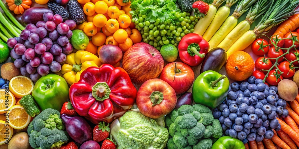Vibrant Harvest Bounty Close-Up Array of Colorful Fruits and Vegetables on Light Background - Fresh, Abundant, Healthy Eating Concept Vibrant Harvest Bounty Close-Up Array of Colorful Fruits and Vegetables on Light Background - Fresh, Abundant, Healthy Eating Concept