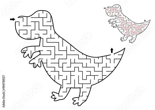 Dinosaur geometrical maze with for kids. Preschool printable activity shaped as tyrannosaurus. Dino land labyrinth game for children with T-rex. Cute prehistoric animal puzzle with answer