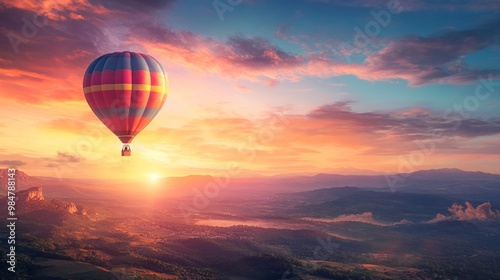 A vibrant hot air balloon gliding over a stunning sunset landscape.