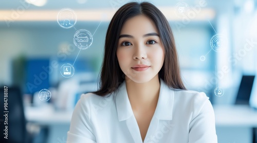 Businesswoman communicating with a remote team, surrounded by holographic icons symbolizing flexibility and digital communication