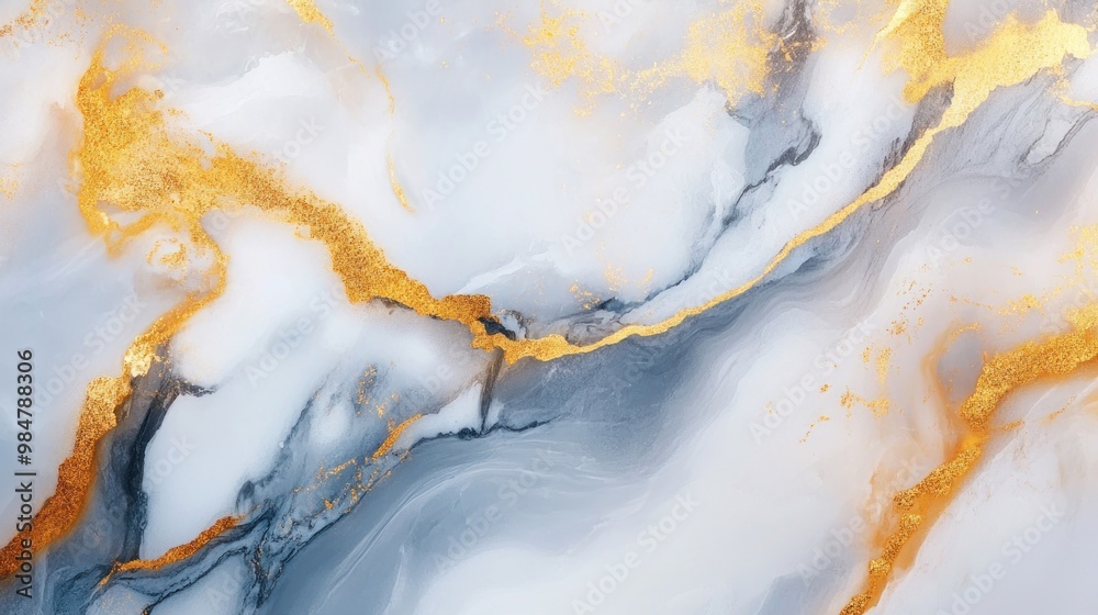 Abstract fluid art featuring a blend of grey and white with striking gold accents.