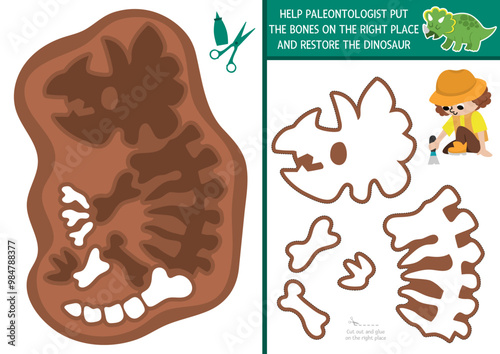 Restore the triceratops skeleton cut and glue activity. Dinosaur educational game. Find missing parts. Vector dino land printable page for kids with bones. Complete picture with paleontologist