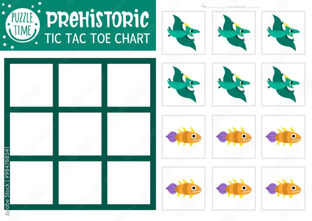 Fototapeta premium Vector dinosaur tic tac toe chart with pterosaur and fish. Prehistoric board game playing field with cute characters. Funny dino land printable worksheet. Noughts and crosses grid with pterodactyl