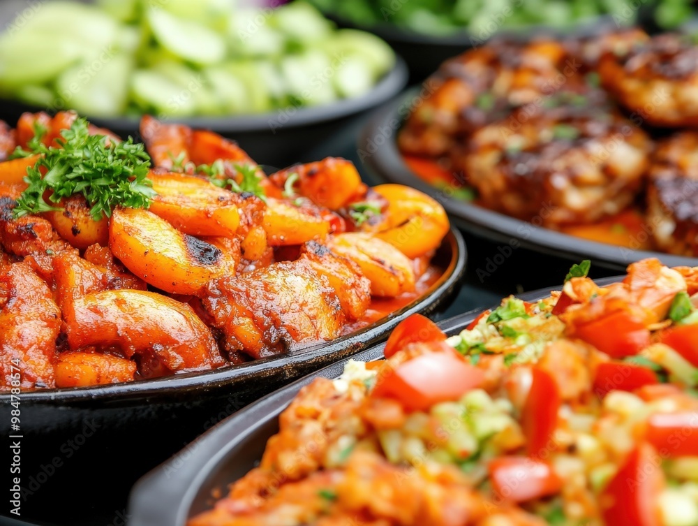 Sizzling grilled meats and colorful veggies served on hot plates Sizzling grilled meats and colorful veggies served on hot plates