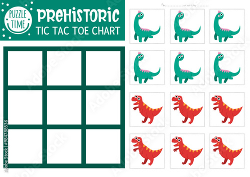 Vector dinosaur tic tac toe chart with brachiosaur and tyrannosaur. Prehistoric board game playing field with cute characters. Funny dino land printable worksheet. Noughts and crosses grid photo