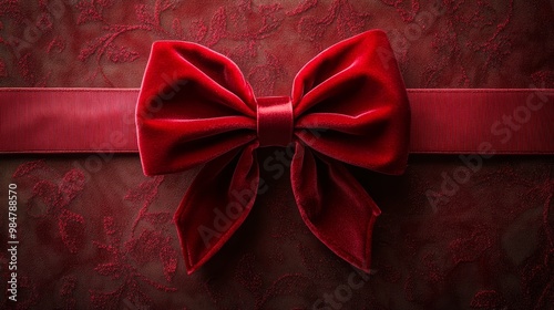 A giant red velvet bow, tied perfectly on a beautifully wrapped Christmas present., Space for text