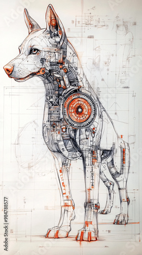 Mechanical cybernetic dog design blending organic anatomy with industrial machinery, futuristic blueprint-style illustration featuring gears and circuits for engineering and robotics photo