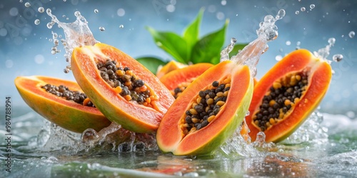 Vibrant Papaya Halves in Motion Fresh Orange Fruit Slices with Water Splash, Tropical Elegance for Healthy Living and Food Concept photo