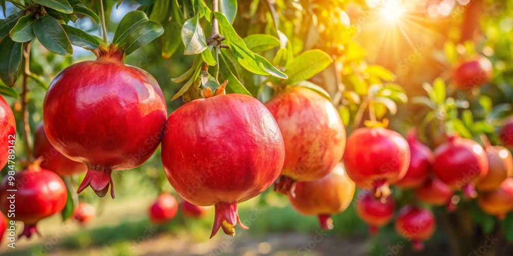 Vibrant Pomegranate Tree Close-up Ripe Red Fruit Abundance in Lush Garden - Natural Beauty and Freshness Concept Vibrant Pomegranate Tree Close-up Ripe Red Fruit Abundance in Lush Garden - Natural Beauty and Freshness Concept