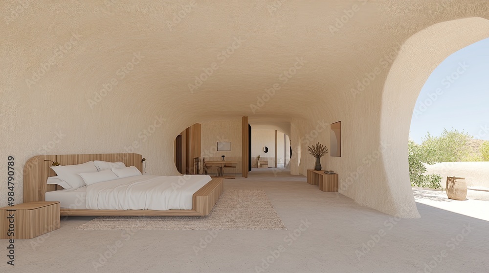 A stylish oval wooden bed nestled in a semi-circular tunnel features soft lighting and concrete walls, reflecting a harmonious blend of elegance and minimalism A stylish oval wooden bed nestled in a semi-circular tunnel features soft lighting and concrete walls, reflecting a harmonious blend of elegance and minimalism