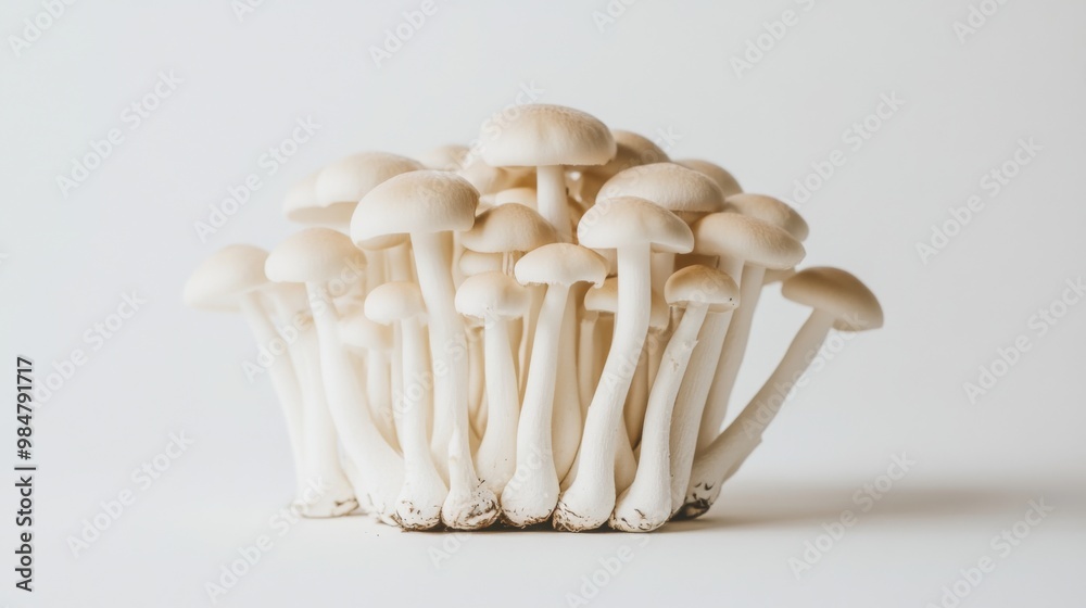 Fresh Shimeji mushrooms displayed in a neat pile on a clean white backdrop, with light shadows adding depth to the minimalistic composition
