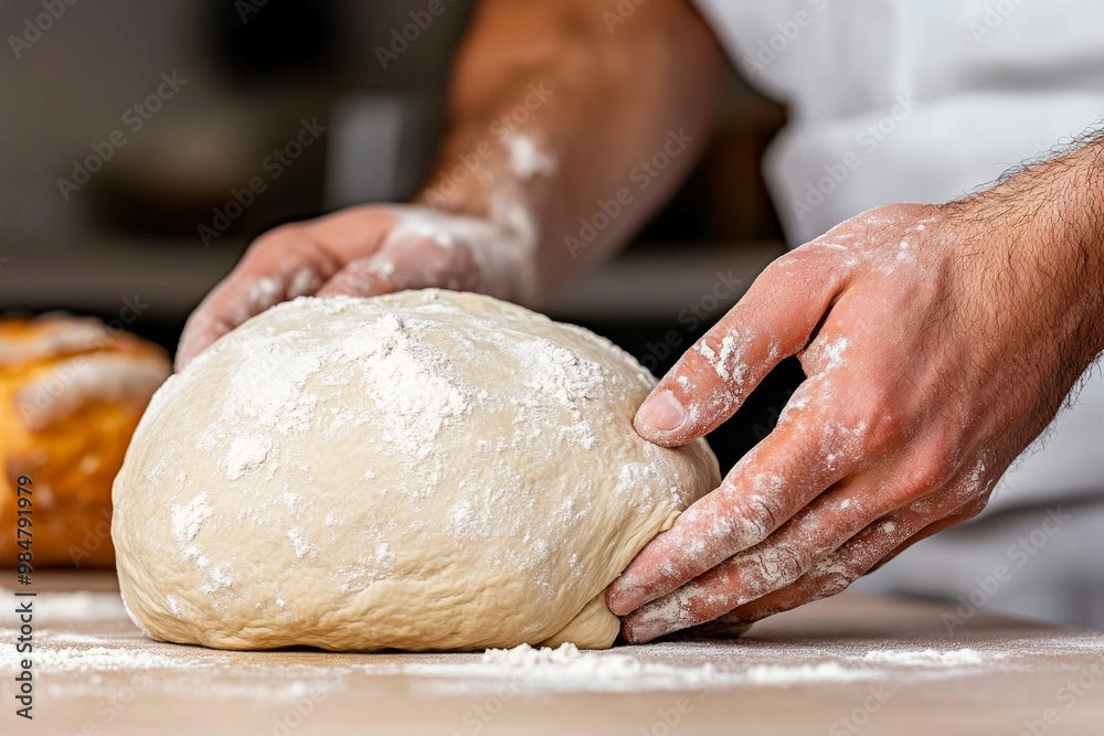 A baker’s hands kneading dough, dusted with flour, preparing bread in a warm kitchen A baker’s hands kneading dough, dusted with flour, preparing bread in a warm kitchen