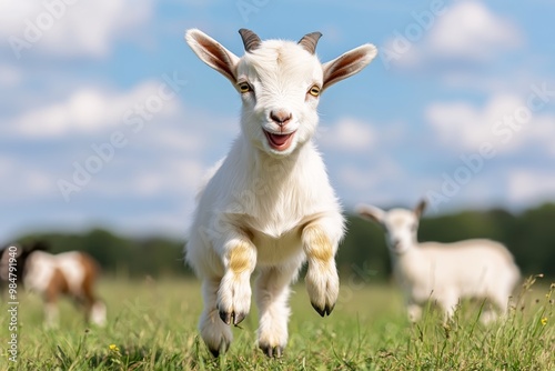 A baby goat hopping around in a meadow, full of life and playfulness with other animals nearby photo